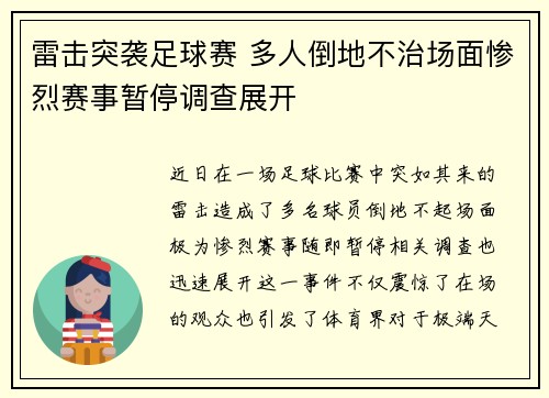 雷击突袭足球赛 多人倒地不治场面惨烈赛事暂停调查展开