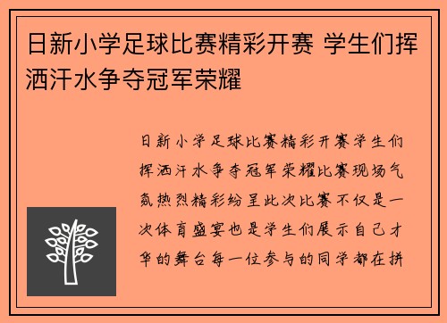 日新小学足球比赛精彩开赛 学生们挥洒汗水争夺冠军荣耀