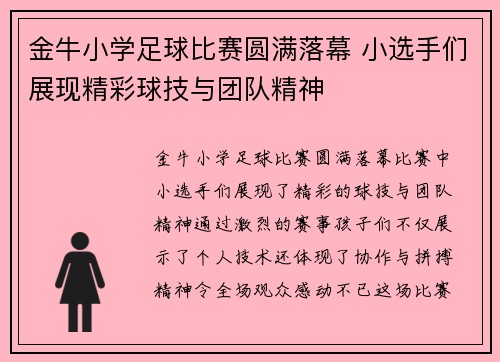 金牛小学足球比赛圆满落幕 小选手们展现精彩球技与团队精神