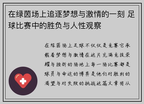 在绿茵场上追逐梦想与激情的一刻 足球比赛中的胜负与人性观察