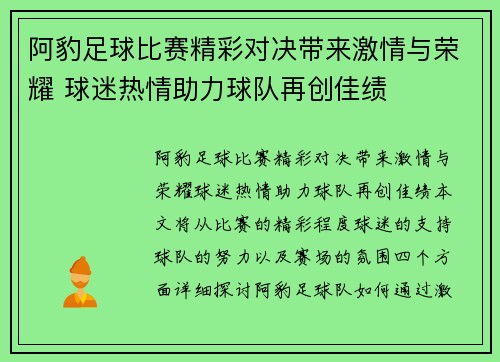 阿豹足球比赛精彩对决带来激情与荣耀 球迷热情助力球队再创佳绩