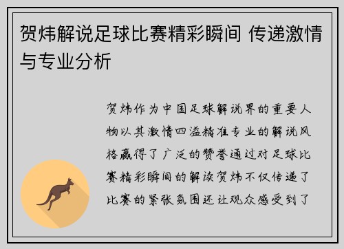 贺炜解说足球比赛精彩瞬间 传递激情与专业分析