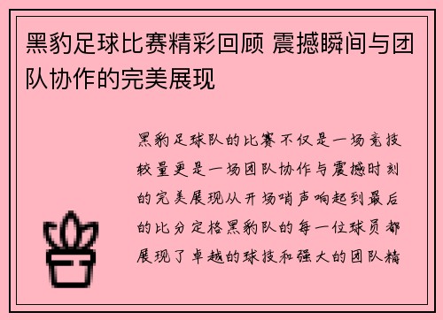 黑豹足球比赛精彩回顾 震撼瞬间与团队协作的完美展现