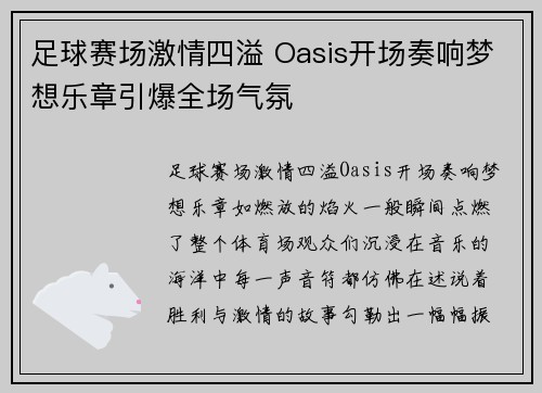 足球赛场激情四溢 Oasis开场奏响梦想乐章引爆全场气氛