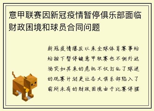 意甲联赛因新冠疫情暂停俱乐部面临财政困境和球员合同问题