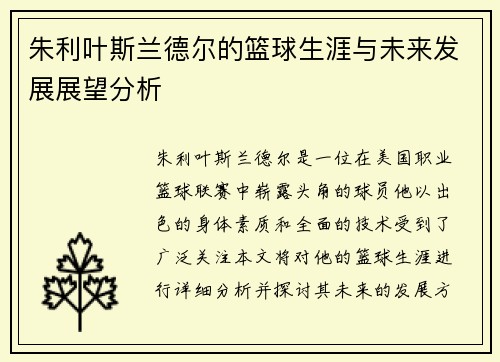 朱利叶斯兰德尔的篮球生涯与未来发展展望分析
