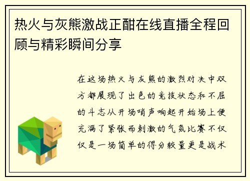 热火与灰熊激战正酣在线直播全程回顾与精彩瞬间分享