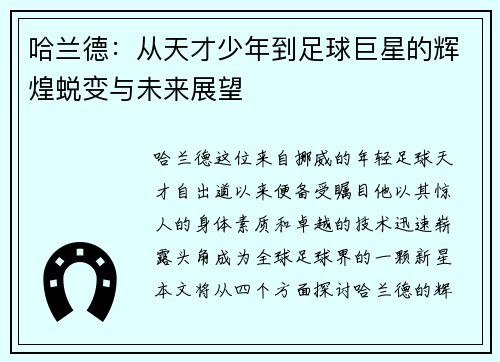 哈兰德：从天才少年到足球巨星的辉煌蜕变与未来展望