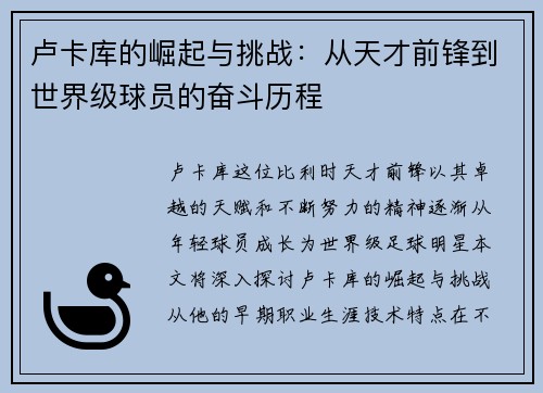 卢卡库的崛起与挑战：从天才前锋到世界级球员的奋斗历程