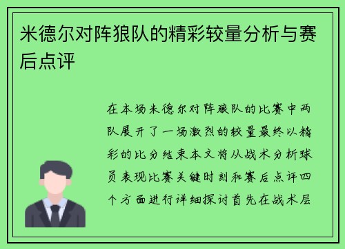 米德尔对阵狼队的精彩较量分析与赛后点评