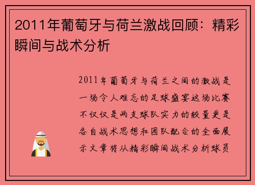 2011年葡萄牙与荷兰激战回顾：精彩瞬间与战术分析