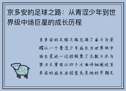 京多安的足球之路：从青涩少年到世界级中场巨星的成长历程
