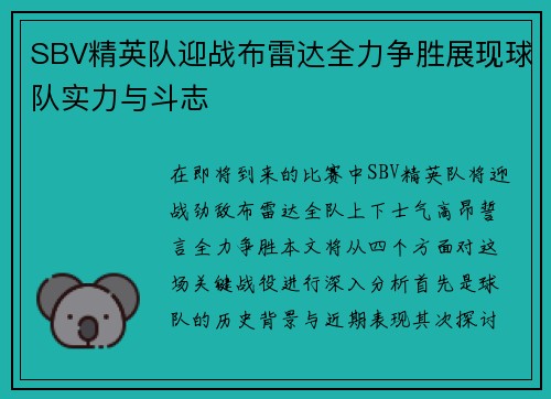 SBV精英队迎战布雷达全力争胜展现球队实力与斗志