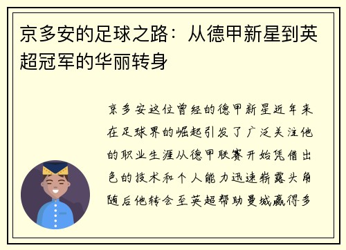 京多安的足球之路：从德甲新星到英超冠军的华丽转身