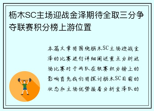 枥木SC主场迎战金泽期待全取三分争夺联赛积分榜上游位置