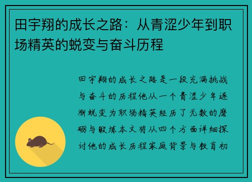 田宇翔的成长之路：从青涩少年到职场精英的蜕变与奋斗历程