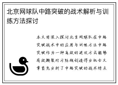 北京网球队中路突破的战术解析与训练方法探讨