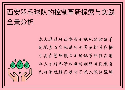 西安羽毛球队的控制革新探索与实践全景分析